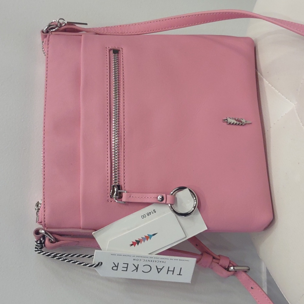 💖Thacker Pink Leather Crossbody Purse Handbag Adjustable Strap Zip Handbag NEW